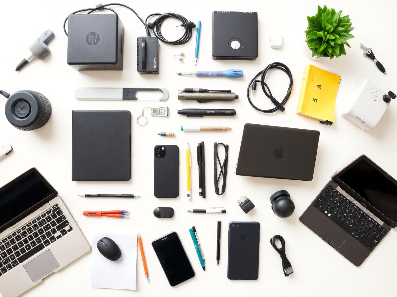 Office supplies, laptops, networking devices and business essentials arranged together