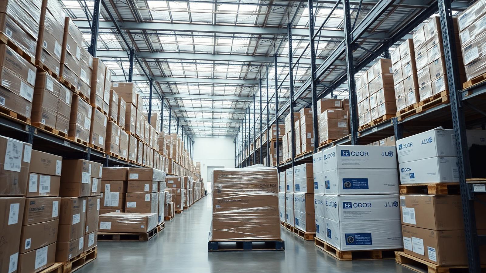 Warehouse with packaged office and technology products ready for delivery